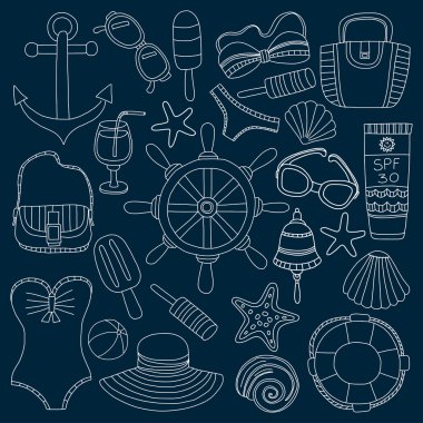 Büyük plaj moda hakkında doodle görüntülerle ayarla ve seyahat