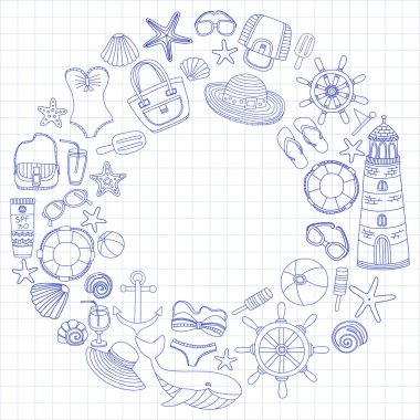 Büyük plaj moda hakkında doodle görüntülerle ayarla ve seyahat