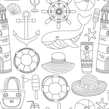 Büyük plaj moda hakkında doodle görüntülerle ayarla ve seyahat