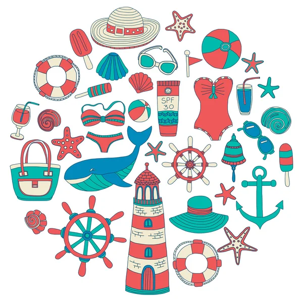 Conjunto grande com imagens doodle sobre praia moda e viagens —  Vetores de Stock