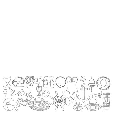 Büyük plaj moda hakkında doodle görüntülerle ayarla ve seyahat