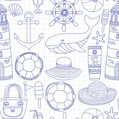 Büyük plaj moda hakkında doodle görüntülerle ayarla ve seyahat