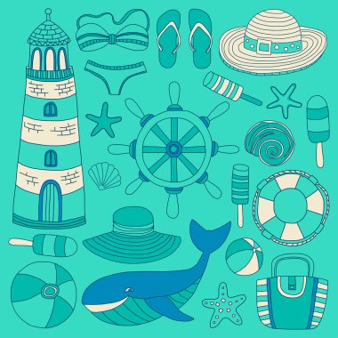 Büyük plaj moda hakkında doodle görüntülerle ayarla ve seyahat