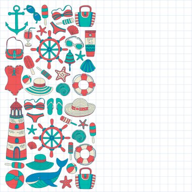 Büyük plaj moda hakkında doodle görüntülerle ayarla ve seyahat