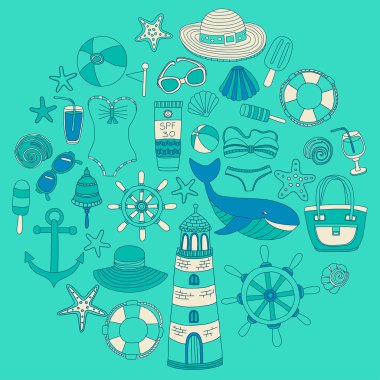 Büyük plaj moda hakkında doodle görüntülerle ayarla ve seyahat