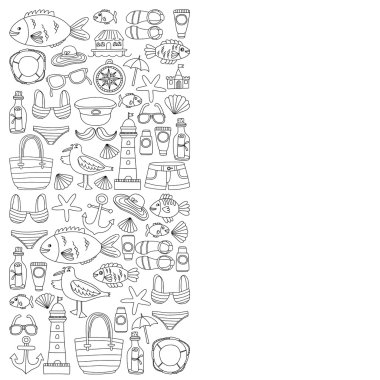 Plaj ve seyahat simgeler el çizilmiş resim doodle
