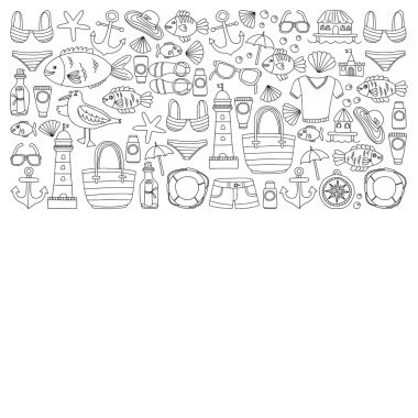 Plaj ve seyahat simgeler el çizilmiş resim doodle