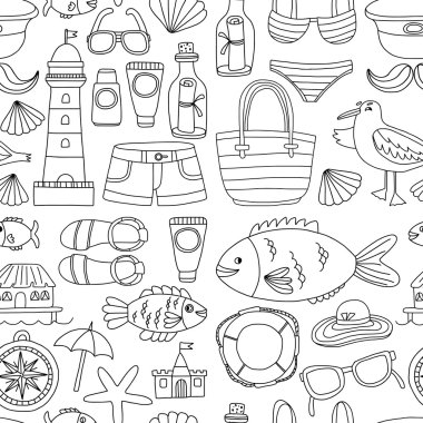 Plaj ve seyahat simgeler el çizilmiş resim doodle