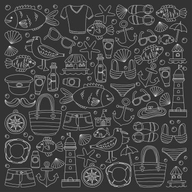 Plaj ve seyahat simgeler el çizilmiş resim doodle