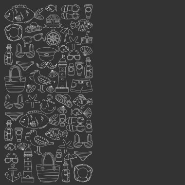 Plaj ve seyahat simgeler el çizilmiş resim doodle