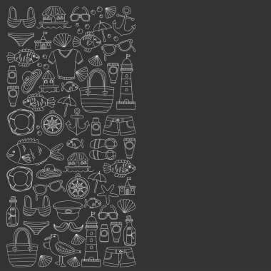 Plaj ve seyahat simgeler el çizilmiş resim doodle