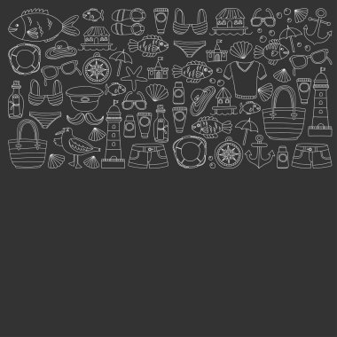 Plaj ve seyahat simgeler el çizilmiş resim doodle