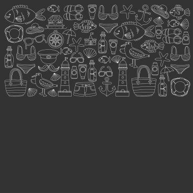 Plaj ve seyahat simgeler el çizilmiş resim doodle