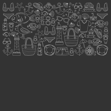 Plaj ve seyahat simgeler el çizilmiş resim doodle