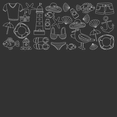 Plaj ve seyahat simgeler el çizilmiş resim doodle