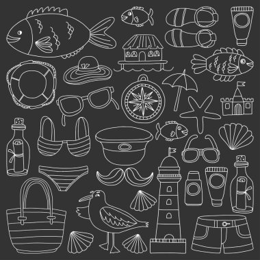 Plaj ve seyahat simgeler el çizilmiş resim doodle