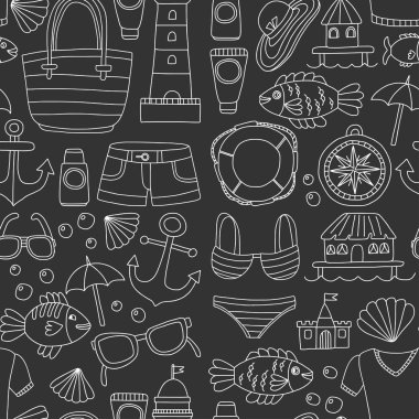 Plaj ve seyahat simgeler el çizilmiş resim doodle