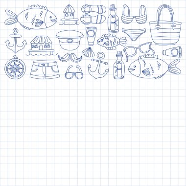 Plaj ve seyahat simgeler el çizilmiş resim doodle