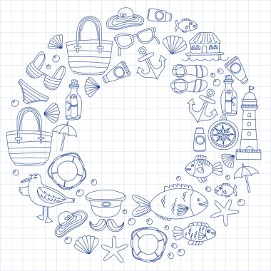 Plaj ve seyahat simgeler el çizilmiş resim doodle