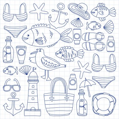 Plaj ve seyahat simgeler el çizilmiş resim doodle