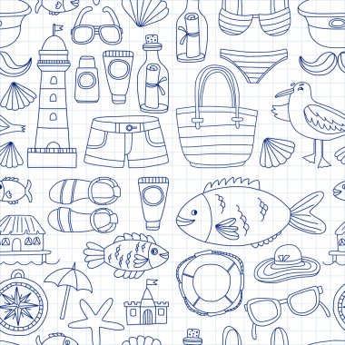 Plaj ve seyahat simgeler el çizilmiş resim doodle