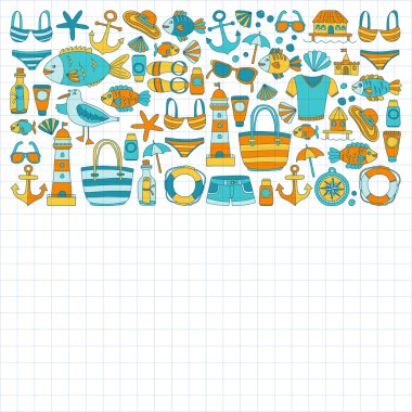 Plaj ve seyahat simgeler el çizilmiş resim doodle