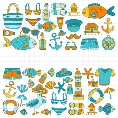 Plaj ve seyahat simgeler el çizilmiş resim doodle