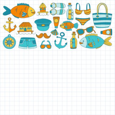 Plaj ve seyahat simgeler el çizilmiş resim doodle