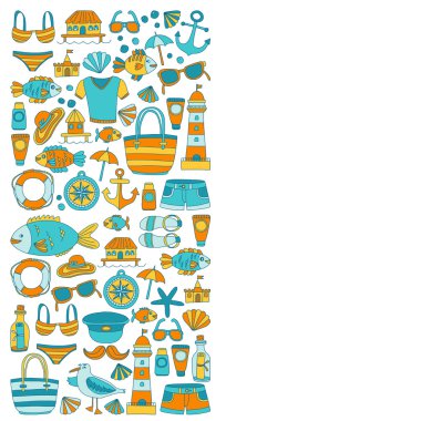 Plaj ve seyahat simgeler el çizilmiş resim doodle