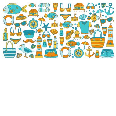 Plaj ve seyahat simgeler el çizilmiş resim doodle
