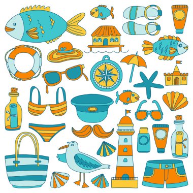 Plaj ve seyahat simgeler el çizilmiş resim doodle