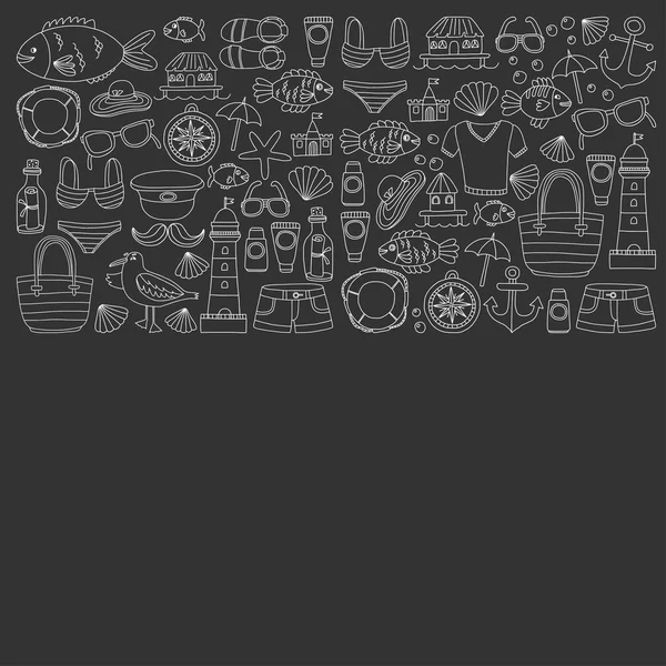 Plaj ve seyahat simgeler el çizilmiş resim doodle