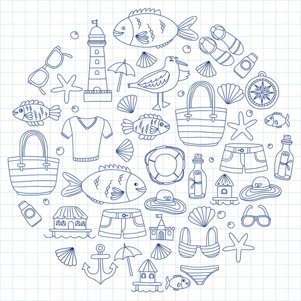 Doodle praia e ícones de viagem Imagem desenhada à mão —  Vetores de Stock