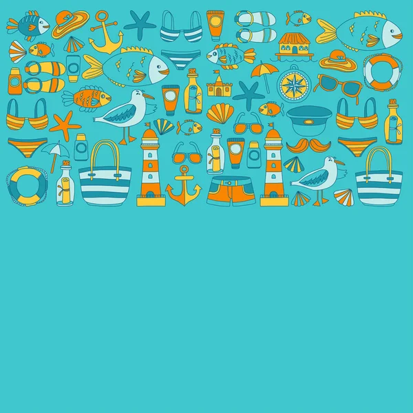 Doodle playa y los iconos de viaje Imagen dibujada a mano — Vector de stock