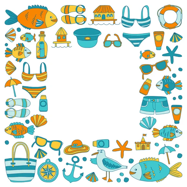 Doodle beach and Travel icons Hand drawn picture — Stock Vector