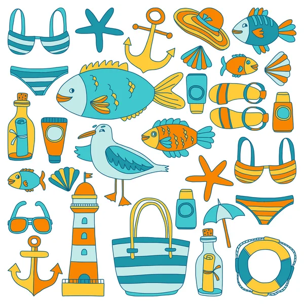 Doodle beach and Travel icons Hand drawn picture — Stock Vector