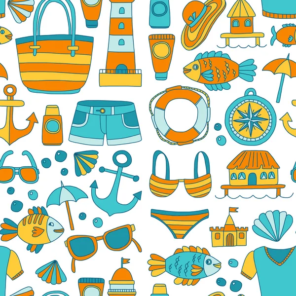 Doodle Strand und Reise-Symbole handgezeichnetes Bild — Stockvektor