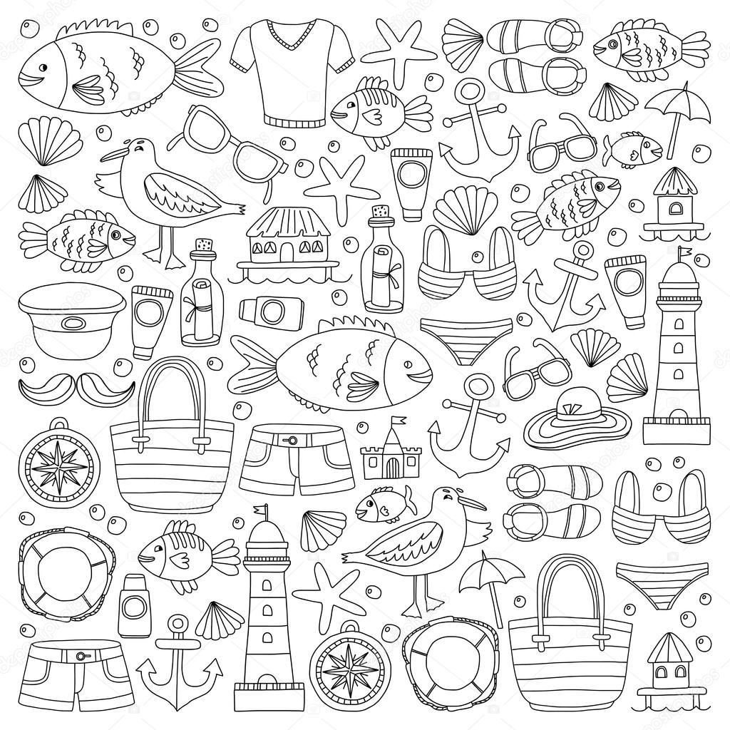 Doodle beach and Travel icons Hand drawn picture — Stock Vector © Helen ...