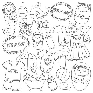 Vektör set bebek simgeler elle çizilmiş doodle