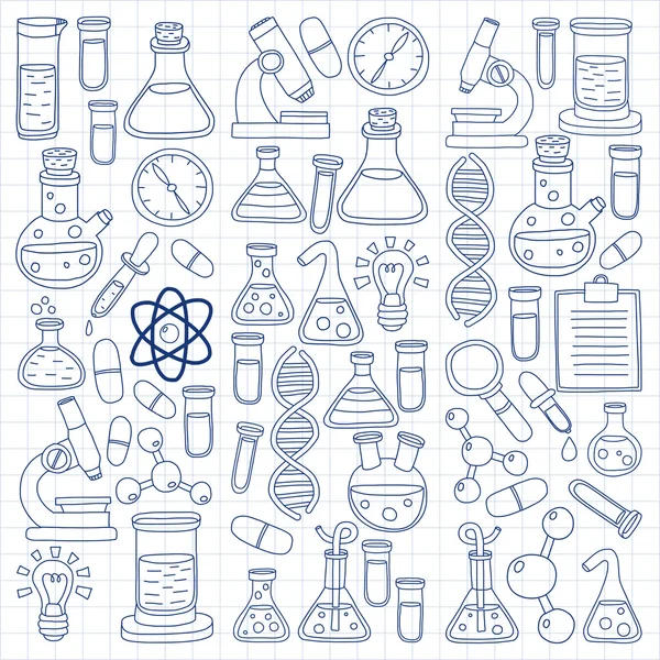 Química Farmacologia Ciências naturais Conjunto de vetor doodle —  Vetores de Stock