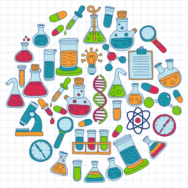 Química Farmacologia Ciências naturais Conjunto de vetor doodle — Vetor de Stock