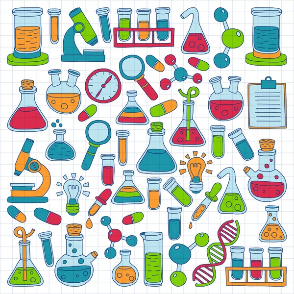 Chemistry Pharmacology Natural sciences Vector doodle set — Stock Vector