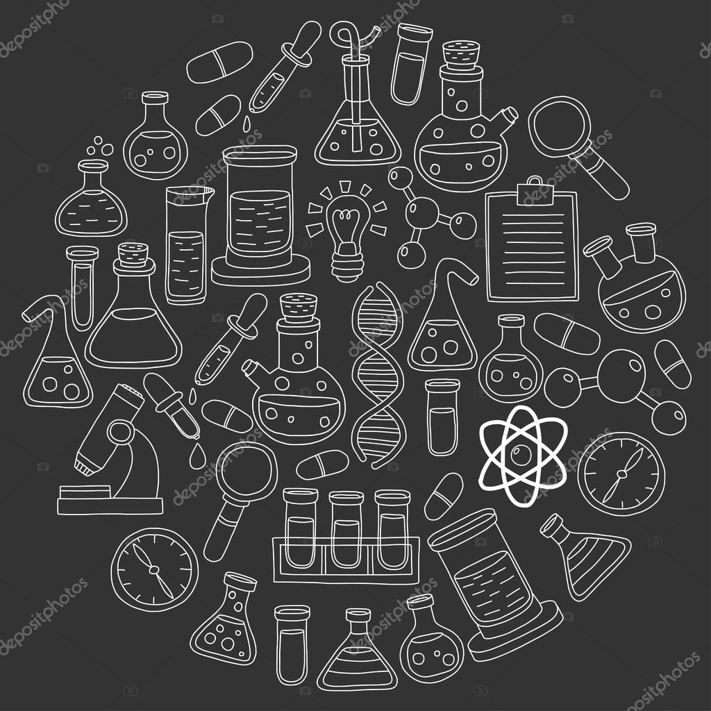 Chemistry Pharmacology Natural sciences Vector doodle set Stock Vector