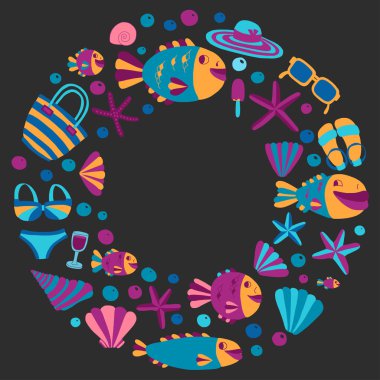 Simgeler Beach ve tropikal tatil vektör düz el çekilmiş