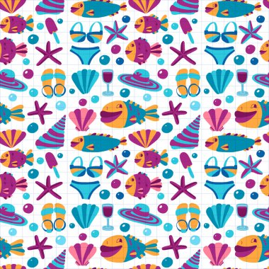 Simgeler Beach ve tropikal tatil vektör düz el çekilmiş