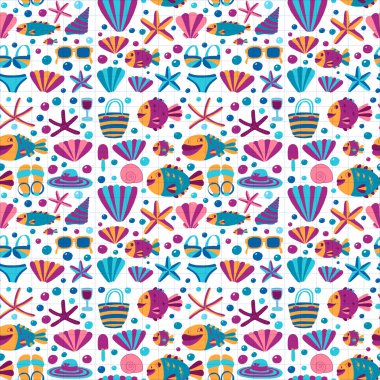 Simgeler Beach ve tropikal tatil vektör düz el çekilmiş