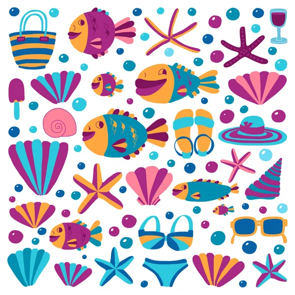 Vettoriale piatto disegnato a mano icone Spiaggia e vacanza tropicale — Vettoriale Stock