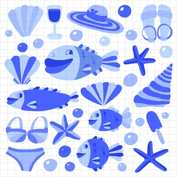 Vector plano iconos dibujados a mano Playa y vacaciones tropicales — Vector de stock