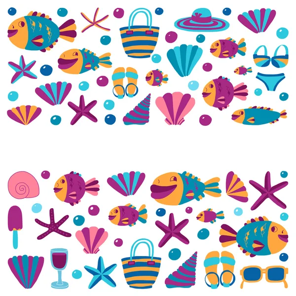 Vector flat hand drawn icons Beach and tropical vacation — Stock Vector