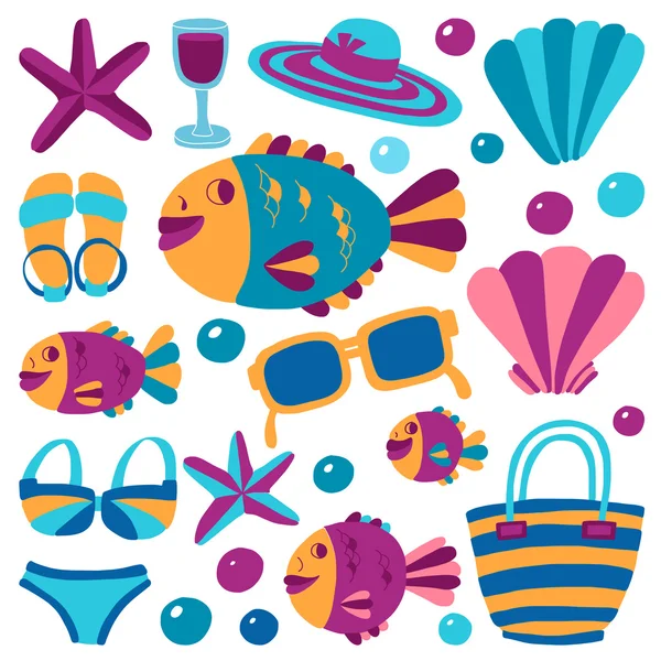 Vector flat hand drawn icons Beach and tropical vacation — Stock Vector